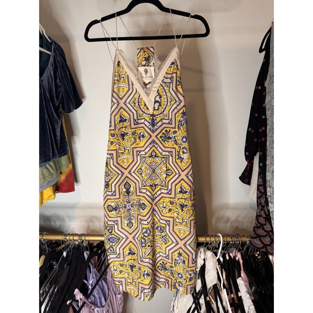 The Jetset Diaries Before Dawn‎ Slip Dress Yellow Blue Lace Trim Size Small NWT